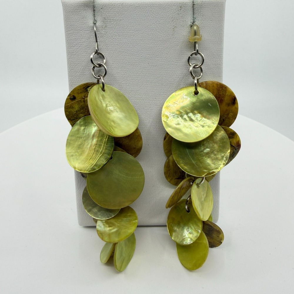 Natural Shell Disc Statement Dangle Earrings Multi-Layered Boho Beach Jewelry - Picture 5 of 13